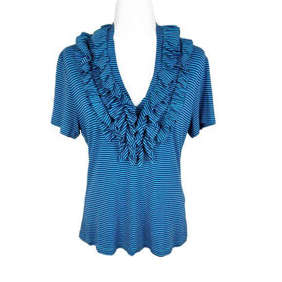 Soft Surroundings Blouse Women Medium Blue Striped Ruffle Collar Short Sleeve - Picture 1 of 13
